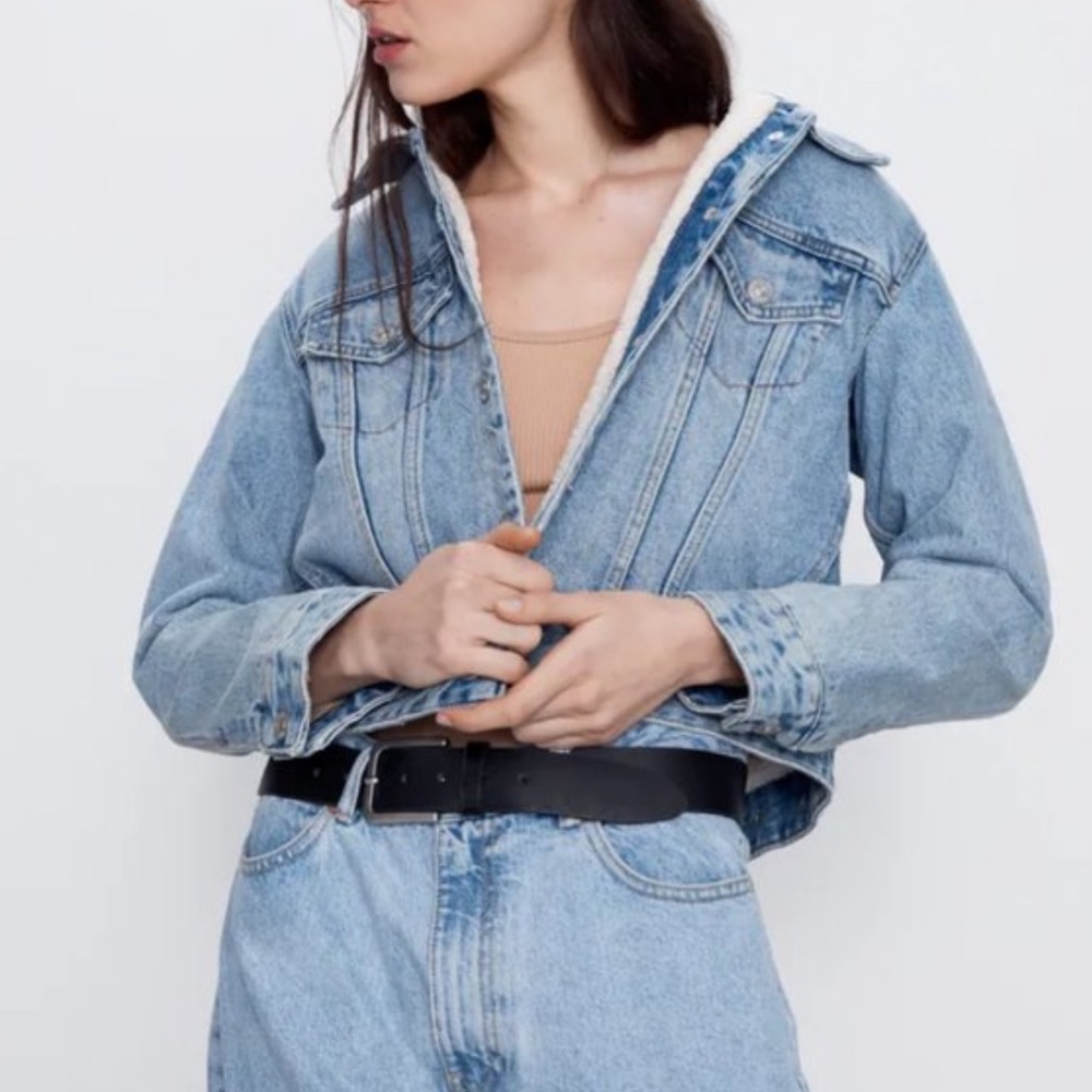Zara Faux Fur Sherpa Lined Denim Jacket Size M - Picture 3 of 15